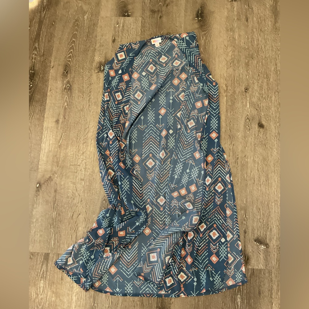 LuLaRoe Sleeveless Duster Vest Women’s Small Blue Geometric Open Front NWT